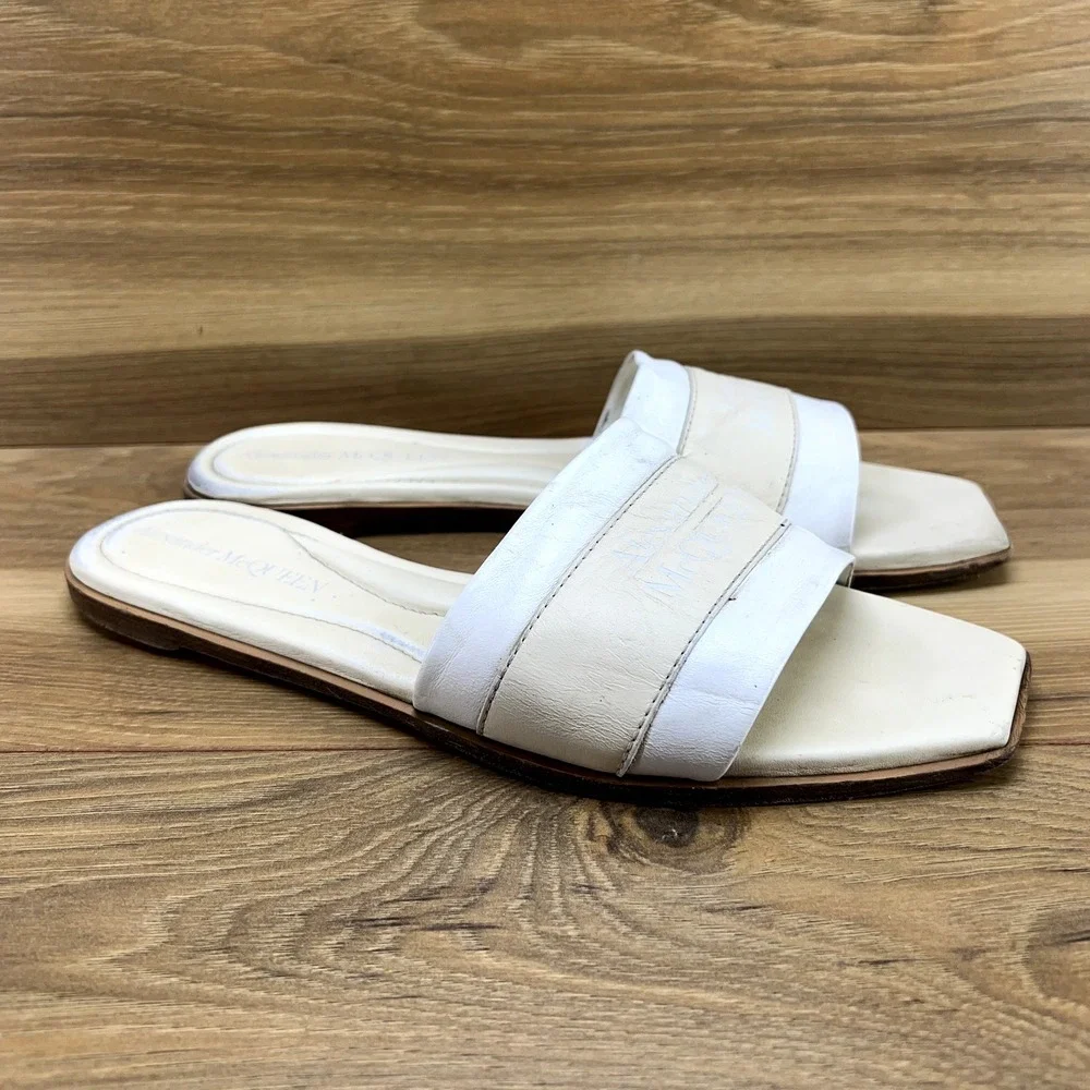 Alexander Mcqueen Slide Sandals 10 EU 40 White Beige Neutrals Leather Square Toe